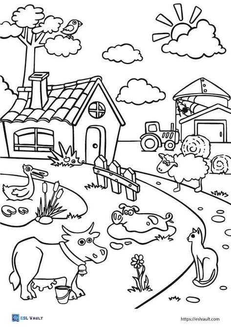 Cute farm coloring pages for artists of all ages. These free printable PDF coloring sheets have beautiful farm scenes and farm animals. Farm Coloring Pages Free Printables, Farm Animals Drawing, Colouring Sheets For Kids, Farm Animals Coloring Pages, Farm Drawing, Colouring Pages For Kids, Farm Coloring Pages, Family Coloring Pages, Animals Coloring Pages