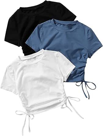 GORGLITTER Women's 3pcs Drawstring Ruched Tops Short Sleeve Round Neck Summer Crop Tee T Shirt Round Neck Crop Top, Tops Short Sleeve, Ruched Top, My Dream Wardrobe, Pharmacy Gifts, Crop Tee, Summer Shirts, Short Tops, Dream Wardrobe