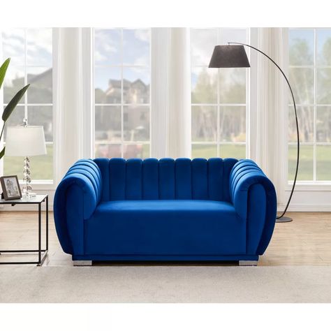 Everly Quinn Byrd Velvet 69.3" Rolled Arm Loveseat | Wayfair Blue Sofa Set, Bolster Pillows, Loveseat Living Room, Sofa And Loveseat Set, Blue Couches, Velvet Loveseat, Simple Sofa, Sofa Review, Rolled Arm Sofa