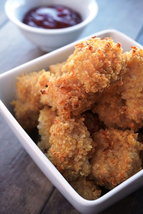 Quinoa Crusted Chicken Nuggets — Broke and Cooking Baked Breaded Chicken Nuggets, Quinoa Chicken Nuggets, Baked Chicken Nuggets Panko, Bare Chicken Nuggets Recipes, Food Processor Chicken Nuggets, Making Quinoa, Crusted Chicken, Quinoa Recipes, Chicken Nuggets