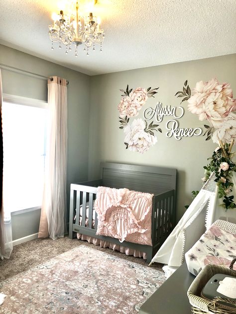 Nursery Ideas Grey And Pink, Nursery Decor Accent Wall, Soft Pink And Grey Nursery, Safe And Blush Nursery, Nursery Ideas Green And Pink, Baby Room Ideas For Girls Themes, Grey Nursery Ideas Girl, Girl Nursery Not Pink, Blush And Grey Nursery