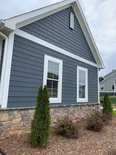 Flagstone Siding House Exterior, Grey Blue Siding, Slate Blue Exterior House Colors, Light Blue Siding House Exterior, Gray Blue House Exterior, Blue House Exterior White Trim, Grey Blue Exterior House Colors, Slate Blue House Exterior, Blue Gray Exterior House Colors