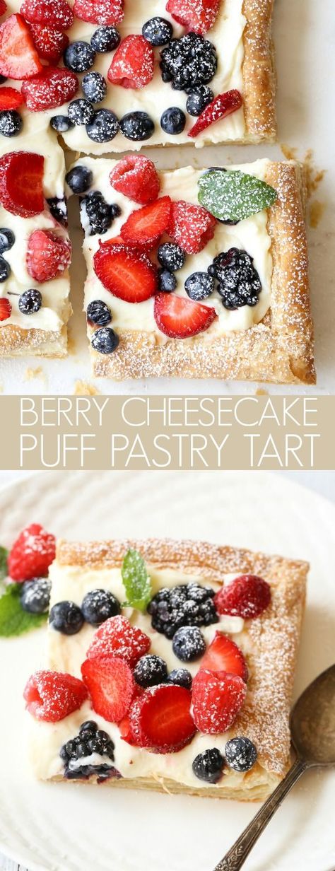 Pastry sheets with a mascarpone cheesecake filling and topped with your favorite berries. The perfect combination of flavors. #puffpastry #pastry #berry #cheesecake Strawberry Mascarpone Tart, Berry Tarts Recipe, Fruit Torte Recipe Berries, Berry Tart Recipe Easy, Puff Pastry Mascarpone, Berry Recipes Dessert, Desserts With Marscapone, Puff Pastry Fruit Tart, Marscapone Recipes Desserts