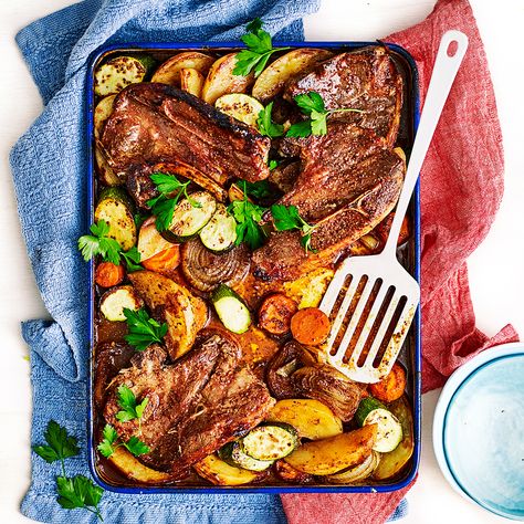 Julie Goodwin's lamb forequarter chops with vegetables tray bake Bake Lamb Chops, Lamb Tray Bake, Braised Lamb Loin Chops, Bake Lamb Chops Oven, Lamb Forequarter Chops Recipes, Roast Chicken Tray Bake, Vegetable Tray, Tray Bake Recipes, One Pot Dinners