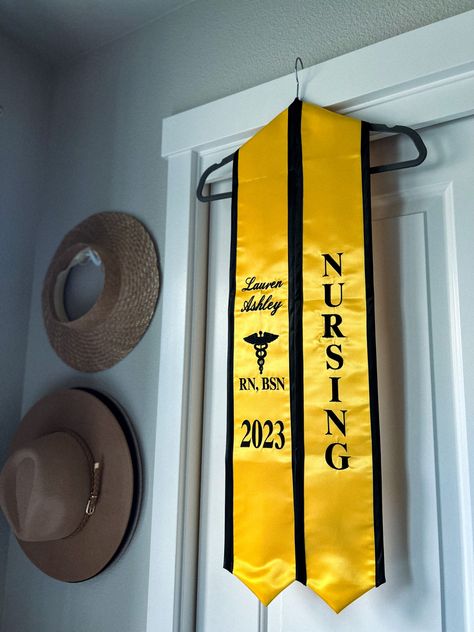 Fully custom made graduation stole, made from SCRATCH. This is not a premade stole, it is measured, cut, sewn, & embroided by a talented seller on Etsy 🖤🎓 Nursing Photos, Grad Stoles, Nursing Graduation Pictures, Graduation Look, Grad Ideas, Graduation Stole, Nursing Graduation, Made From Scratch, Graduation Pictures