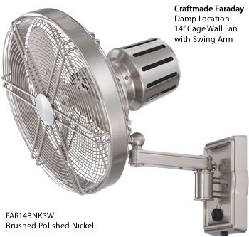 Craftmade Brushed Polished Nickel FAR14BNK3W Faraday 14" Damp Location Cage Wall Fan with Adjustable Arm - Wall Mounted Fans - Deep Discount Lighting Outdoor Wall Fan, Belt Driven Ceiling Fans, Patio Fan, Wall Mounted Fan, White Fan, Wall Fan, Outdoor Fan, Patio Furniture Covers, Wall Mount Bracket