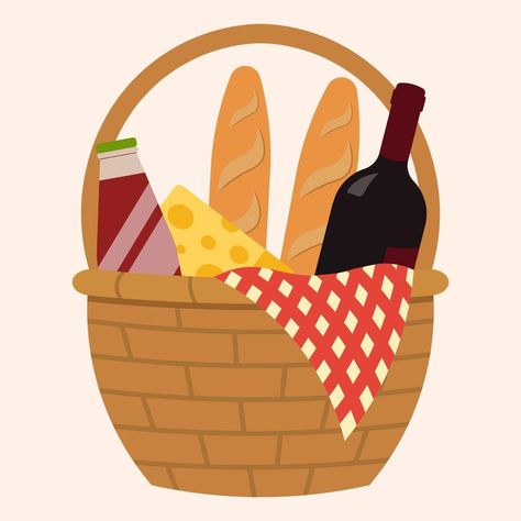 Concept Of Picnic Basket With Wine And Baguette. Spring Activity Vector Illustration In Flat Style Picnic Basket Illustration, Spring Activity, Basket Drawing, Picnic Baskets, Spring Activities, Cute Doodle Art, Cityscape Photos, Logo Banners, Patch Work