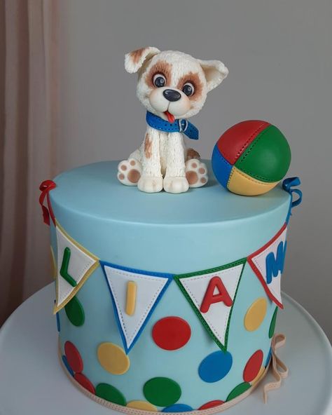 Puppy cake - cake by Couture cakes by Olga Puppy Dog Cakes, Pug Cake, Dog Party Decorations, Bd Cake, Bunting Cake, Dog Themed Birthday Party, Baby Boy Birthday Cake, Puppy Birthday Parties, Puppy Cake