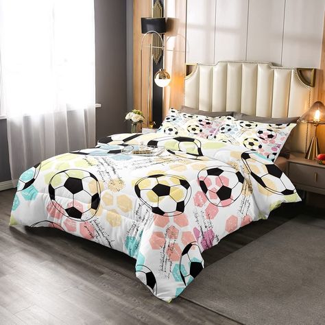 Kids Football Comforter Set Sports Theme Bedding Set for Child Boys Girls Soccer Ball Pattern Duvet Set Breathable Colorful Grunge Style Comforter Geometry Room Decor Duvet Set Ultra Soft Full Size Girls Soccer Bedroom, Girls Sports Room, Girls Sports Bedroom, Soccer Themed Bedroom, Soccer Ball Pattern, Soccer Bedroom, Soccer Room, Football Rooms, Colorful Grunge