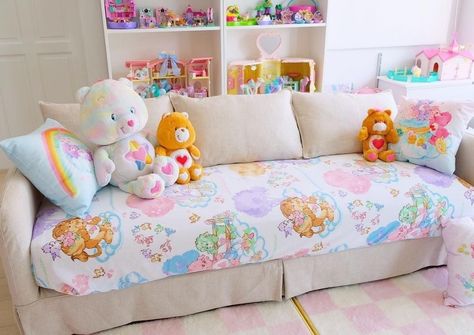 Carebear Room Decor, Kidcore Apartment, Care Bears Nursery Theme, Care Bears Bedroom, Cubby Aesthetic, Care Bear Bedroom, Care Bear Room, Cute Couch, Themed Homes