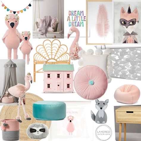 Flamingo Childs bedroom moodboard Girls Flamingo Bedroom, Flamingo Nursery Theme, Bedroom Moodboard Interior Design, Girls Animal Bedroom, Flamingo Bedroom Ideas, Dior Bedroom, Flamingo Room Decor, Florida Nursery, Flamingo Bedroom