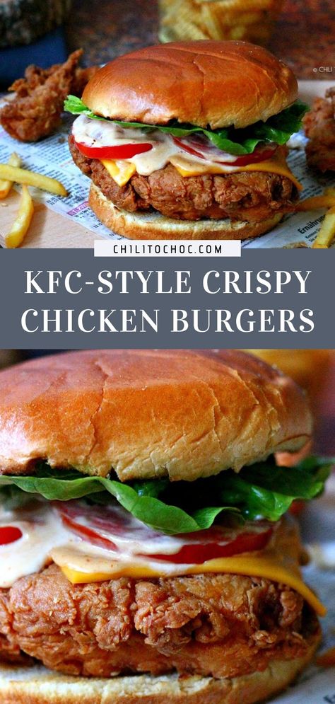 Fast Food Chicken Sandwich, Kfc Chicken Burger Recipe, Kfc Burger Recipe, Kfc Chicken Burger, Crunchy Chicken Burger, Southern Fried Chicken Burger, Crunchy Chicken Sandwich, Chicken Thigh Burger, Fried Chicken Burger Recipe