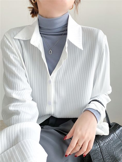 Take charge of your style and create the look you desire with our Vertical Striped Silky Blouse. This versatile blouse offers a slim-fit, making it your go-to piece for an array of fashion-forward outfits. Featuring long sleeves, a classic collar, and a subtle vertical striped pattern, this blouse pairs well over your solid tees and turtlenecks or shines as a stand-alone piece tucked into your favorite trousers. Full Sleeve Top Outfits, Blouse With Jeans Outfit, Long Blouse Outfit, Long Skirt Outfits Indian, Long Sleeve Blouse Outfit, Collar Blouse Outfit, Match Outfits, Full Sleeve Top, Mix Match Outfits