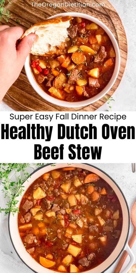 Warm up with this hearty and healthy Dutch oven beef stew! Packed with tender beef, fresh vegetables, and flavorful herbs, this easy recipe is perfect for a comforting family meal. Made with wholesome ingredients and cooked to perfection in a Dutch oven, this stew is nutritious and delicious. Save this recipe for a cozy, satisfying dinner that everyone will love! #dutchovenrecipes #easydinnerrecipes Dutch Oven Beef Stew Recipes, Dutch Oven Soup Recipes, Beef Stew Recipe Oven, Beef Vegetable Stew, Dutch Oven Soup, Beef Stew Healthy, Dutch Oven Beef Stew, Easy Fall Dinner Recipes, Dutch Oven Recipes Cast Iron