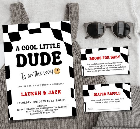 A Little Dude Is On The Way, Checkered Gender Reveal, Little Dude Baby Shower Ideas, Smiley Face Baby Shower Theme, Rad Little Dude Baby Shower Ideas, Edgy Baby Shower Theme, Rad Little Dude Nursery Theme, Funny Baby Shower Themes, Vans Baby Shower Theme