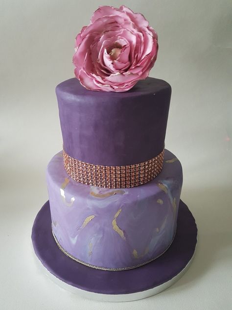 Purple and gold marbled effect 2 tier cake with pink and gold flower Purple And Gold Birthday Cake, 10th Birthday Cakes For Girls, Purple And Gold Birthday, Birthday Cake Designs, 10 Birthday Cake, Gold Birthday Cake, 2 Tier Cake, Tiered Cake, Tier Cake