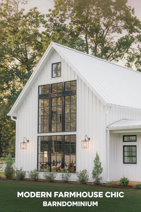 Modern Farmhouse Chic Barndominium Classy Barndominium, Rustic Modern Farmhouse Exterior, Cottage Barndominium, White Barndominium, Modern Farmhouse Barndominium, Modern Country Living, White Modern Farmhouse, Stunning Homes, Rustic Modern Farmhouse