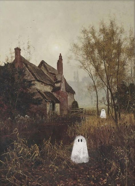 Ghost Vintage Painting, Vintage Ghost Illustration, Spooky House Painting, Vintage Ghost Painting, Old Halloween, Ghost Landscape, Ghost Core, Facts About Halloween, Ghost Aesthetic