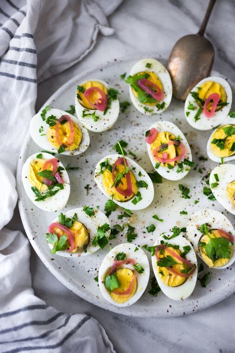 eggs with olive oil, fresh herbs & pickled shallots Eggs Brunch, Easy Hard Boiled Eggs, Make Ahead Brunch Recipes, Boiled Egg Recipes, Hard Boiled Egg Recipes, Pickled Shallots, Gratin Dish, Hard Boiled, Spring Recipes