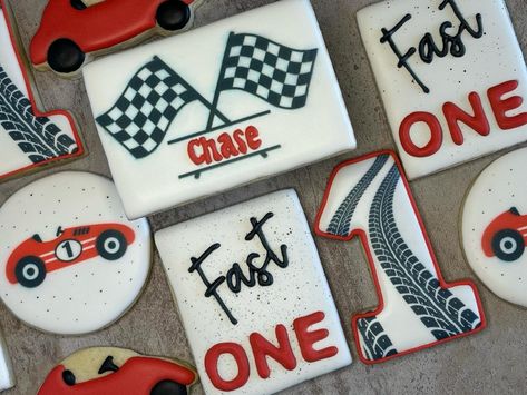 First birthday cookies Fast One Cookies, Car Birthday Cookies, First Birthday Cookies, Monster 1st Birthdays, Talladega Nights, Car Theme, 1st Birthday Party Decorations, 1st Birthday Themes, Car Birthday