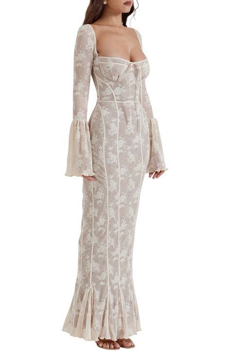 Dreamy floral lace cascades stunningly down your figure in a sweeping maxi dress shaped with delicate ruching at the waist and framed by flared long sleeves. Exclusive retailer Hidden back-zip closure Sweetheart neck Long sleeves Lined 100% polyester Dry clean Imported Dresses For Formal Events, Vintage Bow Tie, Marina Dress, Elegant Maxi Dress, Maxi Dress Evening, Lace Maxi, Maxi Dress Party, Lace Gown, Lace Maxi Dress