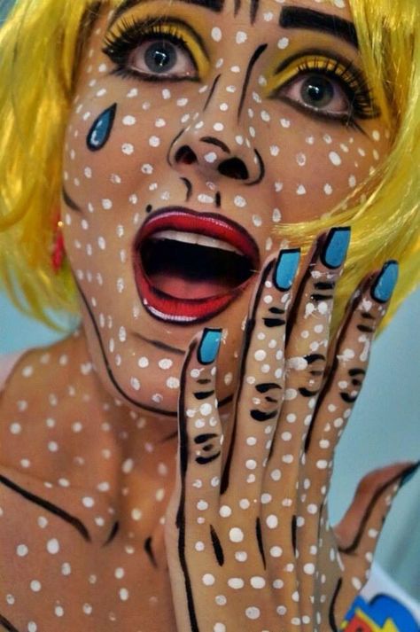 Comic Book Makeup, Carnaval Make-up, Pop Art Costume, Make Carnaval, Cartoon Makeup, Pop Art Makeup, Art Costume, Special Effects Makeup, Halloween 2016