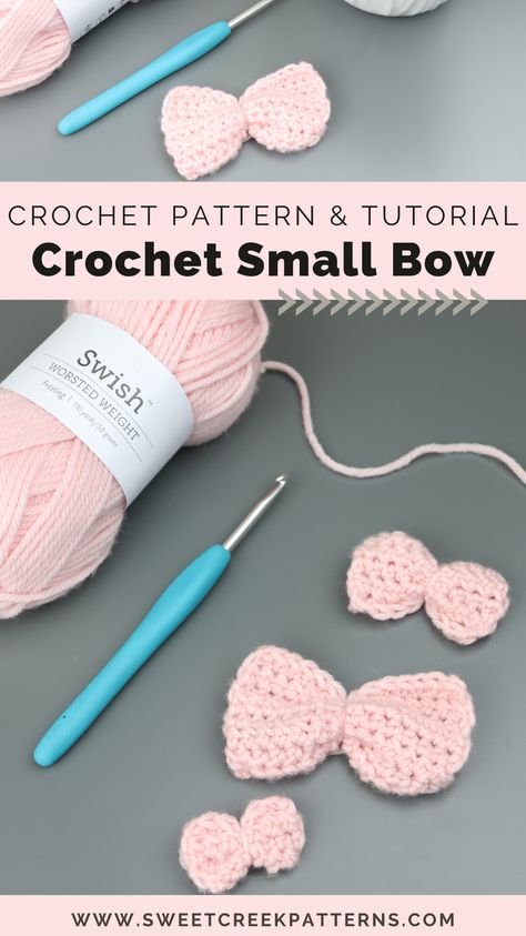 Especially created for the modern baby and their themed nursery, these crochet small bows will add the perfect touch to any crochet amigurumi! Easy Mini Crochet Bow for Beginners is a VERY EASY and Quick Scrap yarn crochet project. With just a couple rows and basic crochet stitches, it is a super quick and simple crochet pattern. These little bows can be used to embellish headbands, beanies, bags, hats, and home decor projects, and I love to add them to my faux fur amigurumi animal patterns. Small Bow Crochet Pattern, How To Crochet A Bow, Crochet A Bow, Amigurumi Easy, Simple Crochet Pattern, Animal Bows, Small Hair Bows, Scrap Yarn Crochet, Crochet Bow