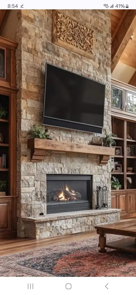 Wooden Mantle On Stone Fireplace, Hearth Stone Fireplace, Stone Fireplace And Built Ins, Rustic Farmhouse Fireplace With Tv, Rock Fireplace With Tv, Stone Fireplace With Cabinets, Rock Chimney Fireplaces, Dry Stacked Stone Fireplace, Farmhouse Rock Fireplace