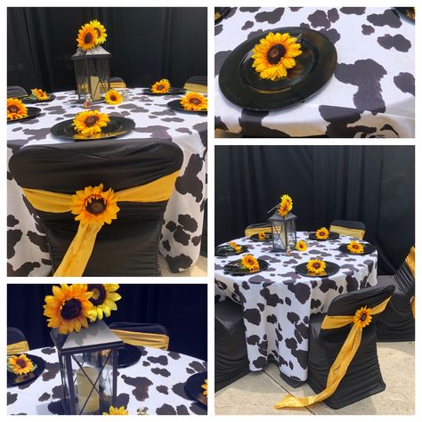 Sunflower Cow Birthday Party, Cow Print And Sunflower Wedding, Sunflower Cowgirl Party, Cow Print And Sunflowers Party, Cow Print Table Decorations, Cow Print Sweet 16, Sunflower And Cow Birthday Party, Cow Print Sweet 16 Party Ideas, Cow And Sunflower Baby Shower Theme