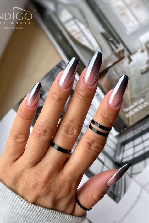 Unleash your inner fashionista with these Chrome Ombre Stiletto Nails featuring mesmerizing gradient black French tips. Elevate your style game with the sleek and elegant transition of chrome pink to gray, culminating in a captivating chrome black tip. Indulge in the allure of modern sophistication and embrace contemporary beauty with this jaw-dropping manicure. // Photo Credit: Instagram @gandziuchaa Nail Art Chrome, Black Chrome Nails, Ombre Chrome Nails, Black Ombre Nails, White Chrome Nails, Pink Chrome Nails, Chrome Nail Art, Chrome Nails Designs, Short Square Nails