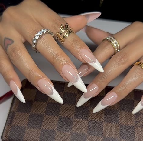 Long Almond Shaped Nails Acrylics, White French Tip Nails Pointy, Almond Shape Long Nails, Almond Shaped Long Nails, Xxl French Nails, Long Sharp Almond Nails, V French Almond Nails, French Tip Stelito Nails, Almondetto Acrylic Nails