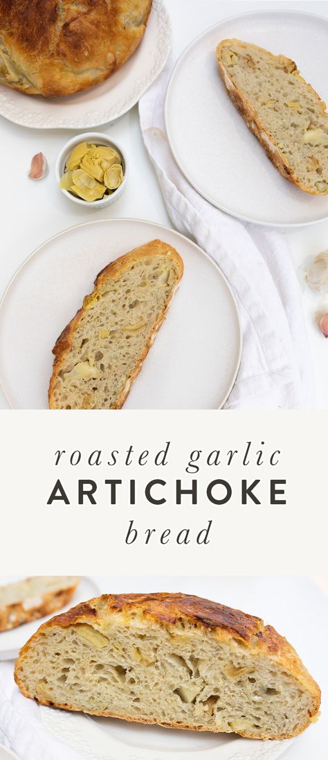 Homemade Garlic Artichoke Bread Artichoke Focaccia Bread, Artichoke Sourdough Bread, Artichoke Bread Recipe, Garlic Artichoke, Asiago Bread, Artichoke Bread, Vegan Bread Recipe, Roasted Garlic Cloves, Dutch Oven Bread