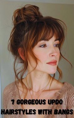 #StyleImprovement #FashionPolish #SmartStylingTips* #StyleUpgrades #ChicCorrections #DressWithPurpose #RefinedFashionSense #StyleGuidance #TimelessFashionTips Messy Bun Updo With Bangs, Growing Out Bangs Updo, Long Hair With Bangs Updo, Bang Updo Hairstyles, Bridesmaid Hair With Bangs, Formal Updo With Bangs, Bangs With Bun, Formal Hair With Bangs, Updo With Bang