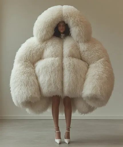 ↑↑↑ Larger size on website 🔸 A woman is wearing a massive white fluffy coat with a large hood. The coat is so big that it appears White Fluffy Coat, Fluffy Coat, White High Heels, Simple Background, White Coat, Simple Backgrounds, Faux Fur, A Woman, High Heels