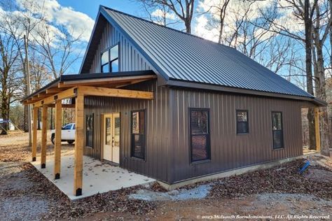 Black Metal Building With Wood Accents, Exterior Shop Colors Metal Buildings, Metal Building With Apartment, Metal Home Colors, Sheet Metal House, Metal Siding House Exterior, Metal Tiny House, Burnished Slate Metal Building, Small Pole Barn Homes Simple