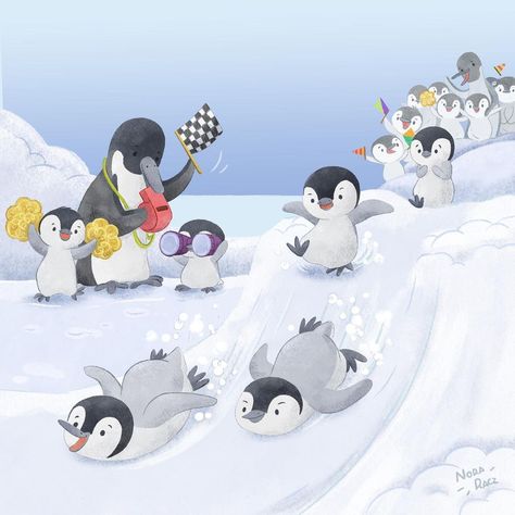 Nora Racz on Instagram: “Sports day at the Penguin school! ❄️✨🐧 Must be so much fun to slide on your belly, haha 😆 This week’s #FridayDoodleClub prompt is “feisty…” Penguin Sliding, Celebrate Each New Day, Penguin Drawing, Baby Magic, Penguin Art, Muslin Wraps, Winter Cottage, Winter Illustration, Winter Project