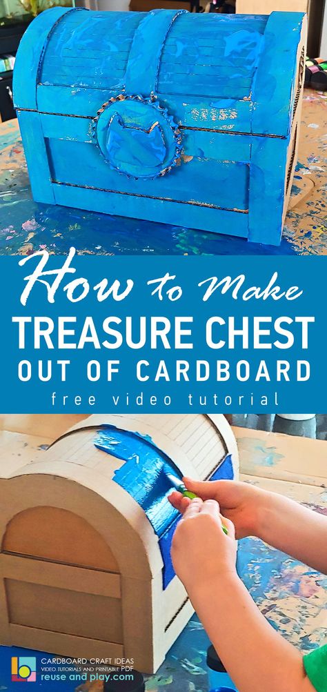 How to make treasure chest with lock from cardboard DIY video tutorial #treasurechest #piratepartychest #toybox #toystorage #treasurebox How To Make A Treasure Chest Out Of Cardboard, How To Make A Treasure Box Out Of Cardboard, Cardboard Box Treasure Chest, Diy Pirate Chest Cardboard Boxes, How To Make A Treasure Chest Diy, Diy Cardboard Treasure Chest, How To Make A Pirate Treasure Chest, Pirates Chest Diy, Pirate Chest Diy Treasure Boxes