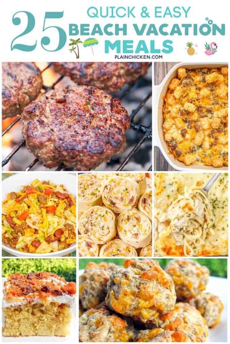 Quick Easy Recipes For 2, Easy Meals At Airbnb, Easy Meals To Make At The Beach, Cheap Beach Meals, Beach Cooking Ideas, Easy Vrbo Meals, Easy Dinners At The Beach, Vacation House Meals, Easy Meals For Vacation At The Beach