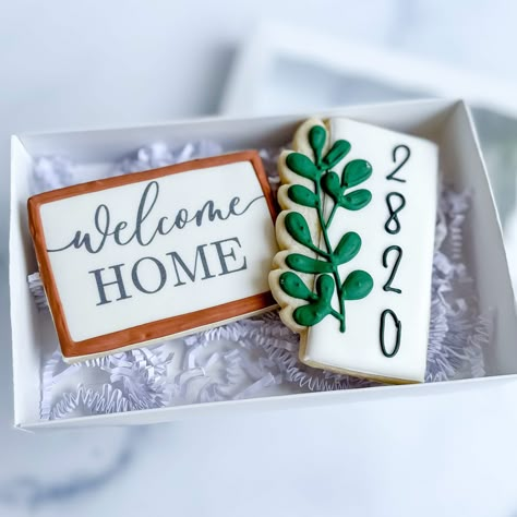 "The best journey always bring us home!" Welcome home in style with our Housewarming Duo! Custom-decorated cookies and a personalized welcome mat + house number plaque will have new home owners feeling warm and fuzzy. Housewarming Decorated Cookies, First Home Cookies, Welcome Home Cookies Decorated, New House Cookies, Realtor Cookies Decorated, Housewarming Cookies Decorated, New Home Cookies Decorated, House Cookies Decorated, Welcome Home Cookies