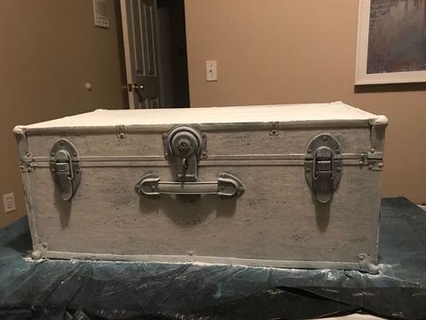 How to Paint a Trunk With Chalk and Salt Wash Paint DIY Trunk Painting Ideas Diy, Salt Wash Paint, Antique Dry Sink, Tea Party Centerpieces, Valentines Tea Party, Dye Curtains, Trunk Makeover, Metal Trunk, Pallet Coasters