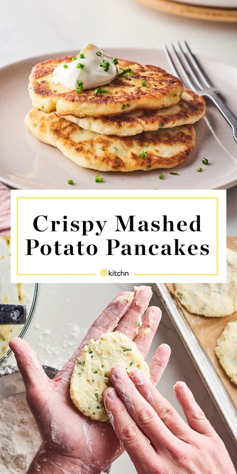 Potato Pancakes From Mashed Potatoes, Leftover Mashed Potato Pancakes, Crispy Pancakes, Mashed Potato Pancakes, Mashed Potato Cakes, Perfect Mashed Potatoes, Leftover Mashed Potatoes, Mashed Potato Recipes, Feel Good Food