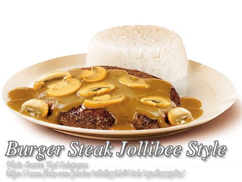 Burger Steak Jollibee Style with Mushroom Gravy http://www.panlasangpinoymeatrecipes.com/burger-steak-jollibee-style.htm #BurgerSteak #JollibeeStyle #MushroomGravy Jollibee Gravy Recipe, Jollibee Gravy, Jollibee Recipe, Jollibee Burger Steak, Burger Steak Recipe, Jollibee Burger, Steak Sauce Recipe, Burger Patty Recipe, Steak Sauce Recipes