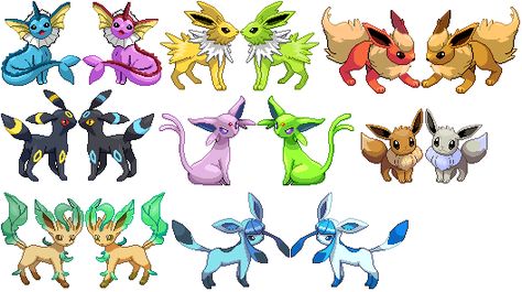 shiny eeveelutions Shiny Evee Evolution, Pokemon Shiny Eeveelutions, Shiny Eeveelutions, Pokemon Showdown, Shiny Eevee, Evee Evolution, Pokemon Original, Umbreon And Espeon, Eevee Evolution