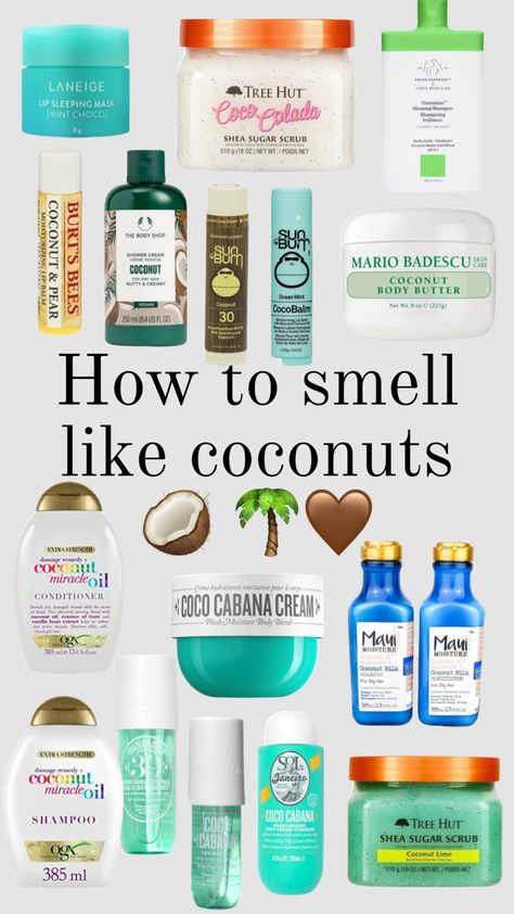 How to smell like coconuts 🌴 🥥🤎 #coconuts Products To Smell Like Coconut, Layering Coconut Scent, Coconut Fragrance Aesthetic, Coconut Self Care, Body Hygiene Products Coconut, Vanilla Coconut Scent Aesthetic, How To Smell Like Tropical, Coconut Hygiene, Smell Good Combo Coconut