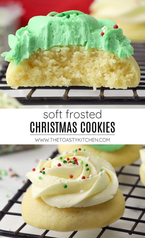 Soft Christmas Cookies Recipes Easy, Christmas Cookies Best Ever, Soft Sugar Christmas Cookies, Holiday Bakes Goods, Soft Icing For Sugar Cookies, Christmas Frosting Recipes, Buttery Spritz Cookies Christmas, Mary’s Sugar Cookies, Sugar Cookie With Cream Cheese Frosting