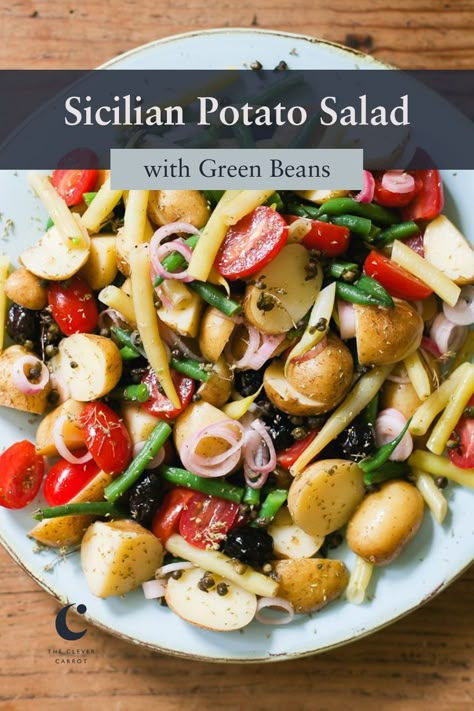 Two types of string beans, herb marinated tomatoes, and crispy fried capers makes this Sicilian potato salad recipe different from the rest. Make it ahead (it gets better as it sits). Sicilian Salad Recipe, Sicilian Potato Salad, Potato Salad With Green Beans, Italian Potato Salad Recipe, Kielbasa Sausage Recipes, The Clever Carrot, Clever Carrot, Chopped Salads, Fried Capers