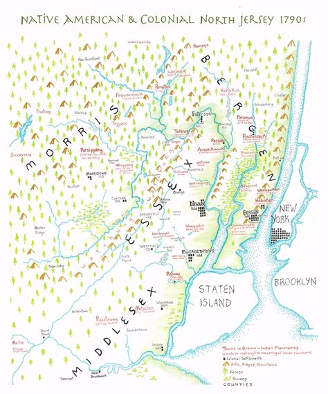 Map of Indian Placenames in Northern NJ Place Names, New Jersey, Nativity, Digital Prints, Map