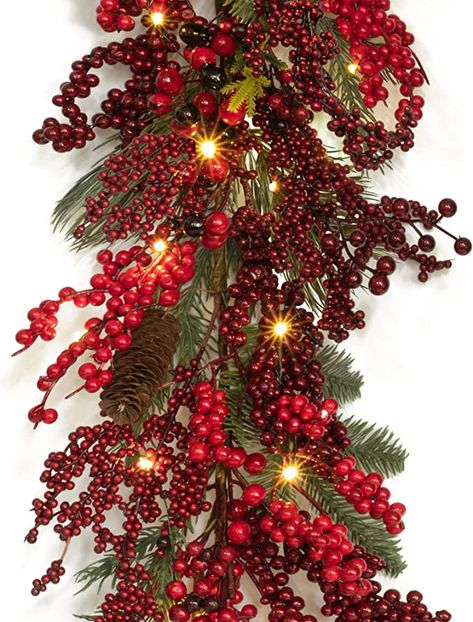 Christmas Garland For Front Door, Front Door Frame, Red Berry Garland, Table Runner Decor, Window Fireplace, Christmas World, Artificial Christmas Garland, Neutral Christmas Decor, Tinsel Garland