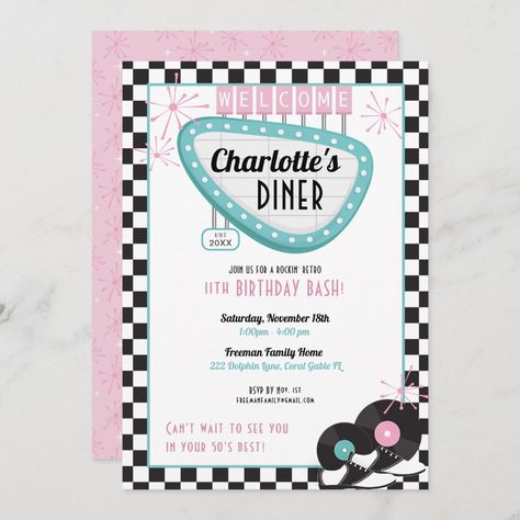 Grease Invitations Template, Diner Themed Birthday Party, 1950s Birthday Party Theme, 50s Birthday Party Theme, 1950s Invitation, Diner Theme Party, 50s Diner Party, Diner Birthday Party, Grandpas Birthday