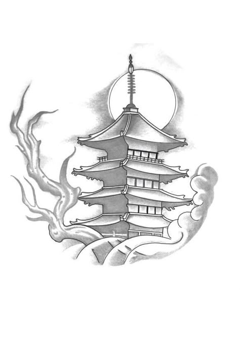 Japanese Tattoo Art Temple, Pagoda Tattoo Stencil, Pagoda Tattoo Design, Japanese Temple Tattoo Design, Temple Tattoo Design, Pagoda Tattoo, Japanese Temple Tattoo, Temple Tattoo, Hipster Drawings